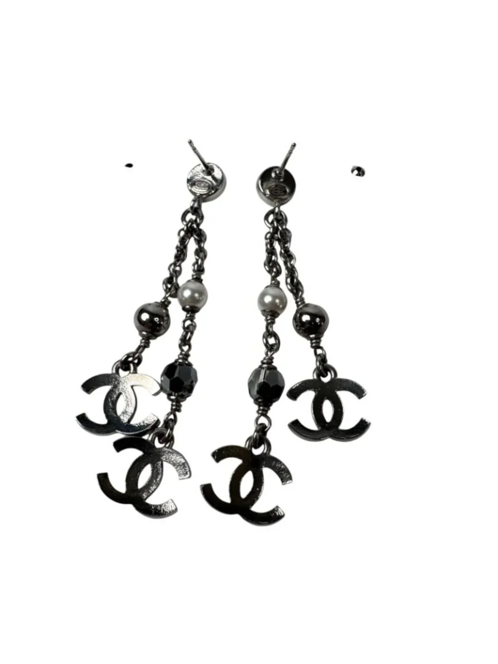 Chanel CC Logo Long Drop Earrings Light Stone Pearl